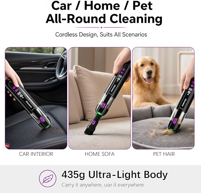 Amzany Cordless Handheld Vacuum for Car & Home, 19000Pa Suction, 80000RPM Brushless Motor, 4 in 1 Mini Portable Pet Hair Vacuum Cleaner, Green LED Dust Detection, 435g Lightweight, Type-C Charging