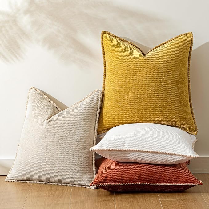 a moment Pack of 2 Decorative Chenille Throw Pillow Covers with Twill Cushion Covers for Sofa Living Room Couch Bed 24x24 Inch,Crafted Border Beige
