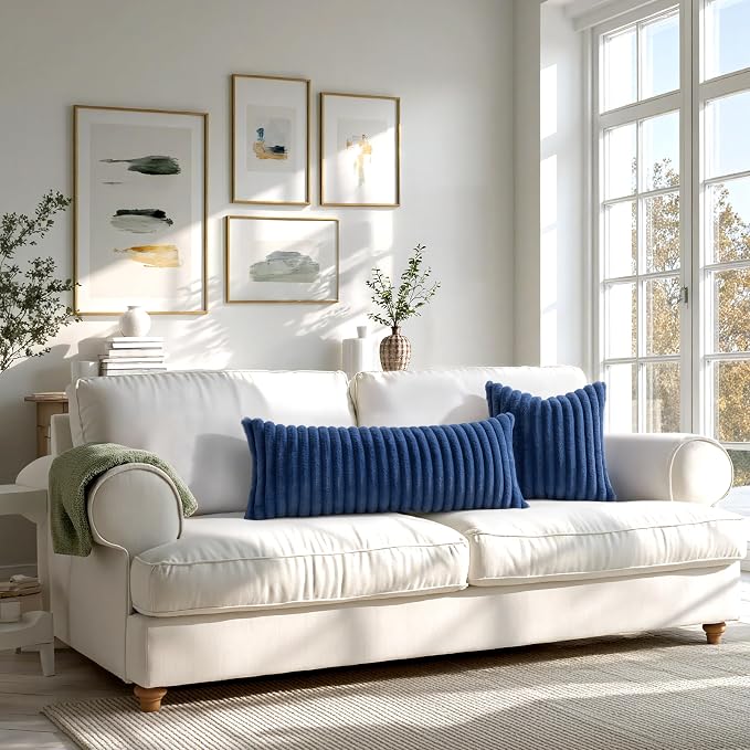MIULEE Faux Fur Decorative Throw Pillow Covers 16x16 Set of 2 Navy Blue | Coastal Modern Soft Plush Couch Pillows, Cozy Fluffy Cushion Covers for Sofa Bed Living Room Home Decor