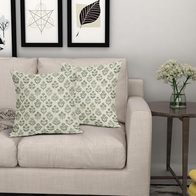 Sage Green Floral Pillow Covers 16x16 Inch Set of 2, Vintage Flower Block Print Pattern Decorative Throw Pillowcases Outdoor Farmhouse Cushion Covers Spring Summer Rustic Sofa Couch Bed Decor