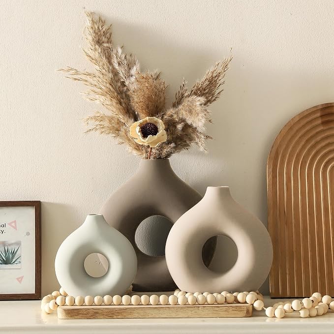 Vanselia Ceramic Vase Home Table Decor - Flower Vases Set of 3 Small Living Room Centerpiece Decorations for Shelf Bedroom Office Kitchen Dining Desk Modern Aesthetic Farmhouse Decorative (Farmhouse)