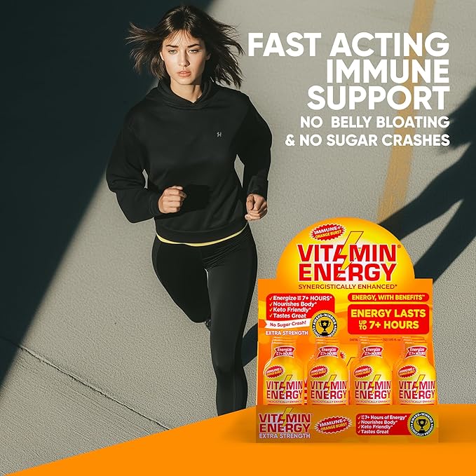 Vitamin Energy Immune+ Extra Strength Energy Shot Orange Burst 8 Pack, 260mg Natural Caffeine, B-Vitamins, Citicoline, Green Tea, Immunity & Focus Support, Zero Sugar, Gluten-Free 1.93 fl oz