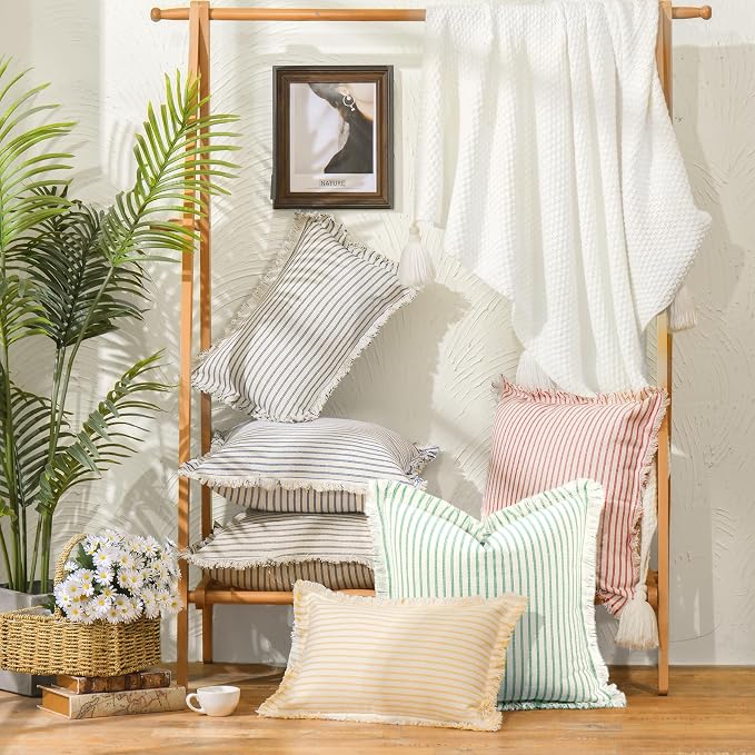 Throw Pillow Covers 18x18 Set of 2 Green Striped Pillow Covers with Fringe Chic Cotton Decorative Pillows Square Cushion Covers for Sofa Couch Bed Living Room Farmhouse Spring Decor