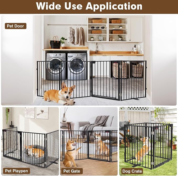 Metal Freestanding Dog Gates with Door 104"x30" Pet Fence Extra Wide | Heavy-duty Foldable Dog Fence - Auto Close Dog Barrier Indoor Outdoor for Doorways, Deck, Yard, Stairs (4 Panels,Black)