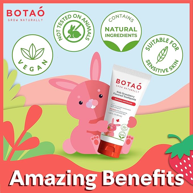 Botao Kids Natural Strawberry Flavored Anticavity Fluoride Toothpaste Maximum Cavity Protection Cleans Children’s Teeth Protects Gums Chamomile Aloe Vera Calendula Xylitol for Ages 2 and Up