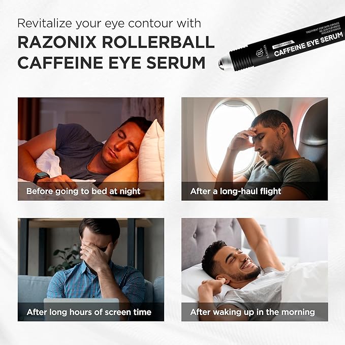 RAZONIX Eye Roller for Puffy Eyes, Caffeine Under Eye Serum for Dark Circles, De-Puffing Treatment for Men and Women, 0.5 Fl Oz (Medium, Unscented)
