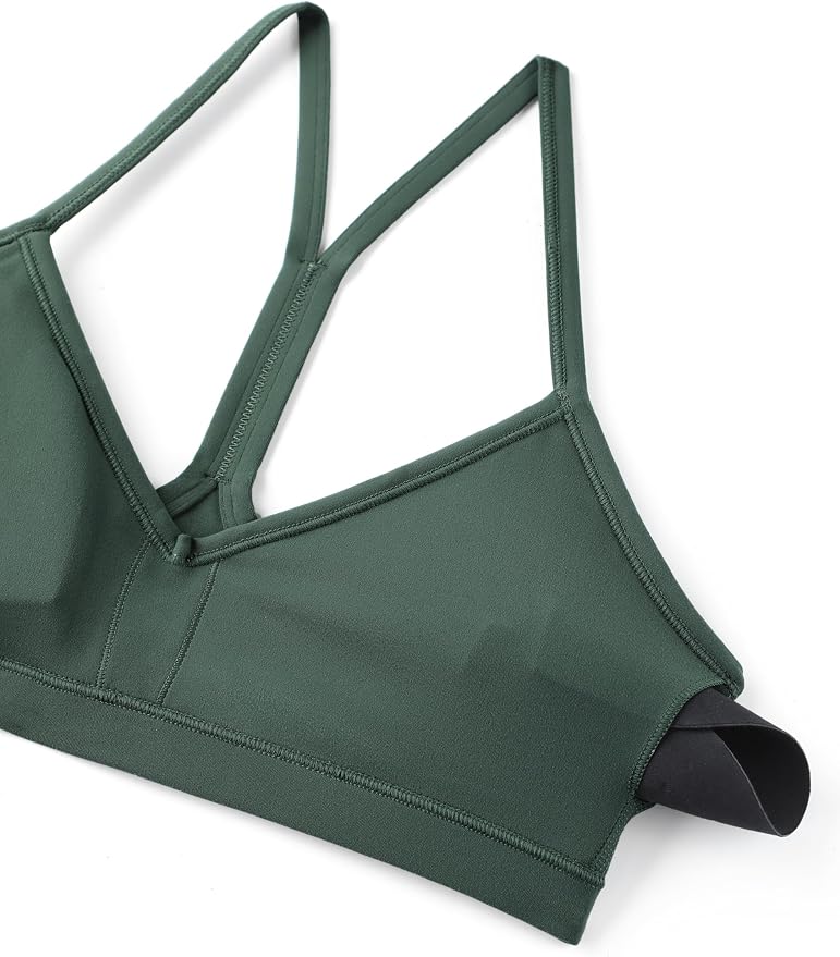 CRZ YOGA Butterluxe Ruched Sports Bras for Women - V Neck Spaghetti Thin Strap Y Back Wireless Padded Yoga Crop Top
