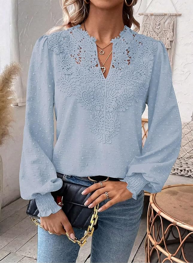 Womens Tops Swiss Dot Boho Long Sleeve Shirts V Neck Casual Chiffon Blouses Flowy Lace Hem Cute Clothing Trendy 2026