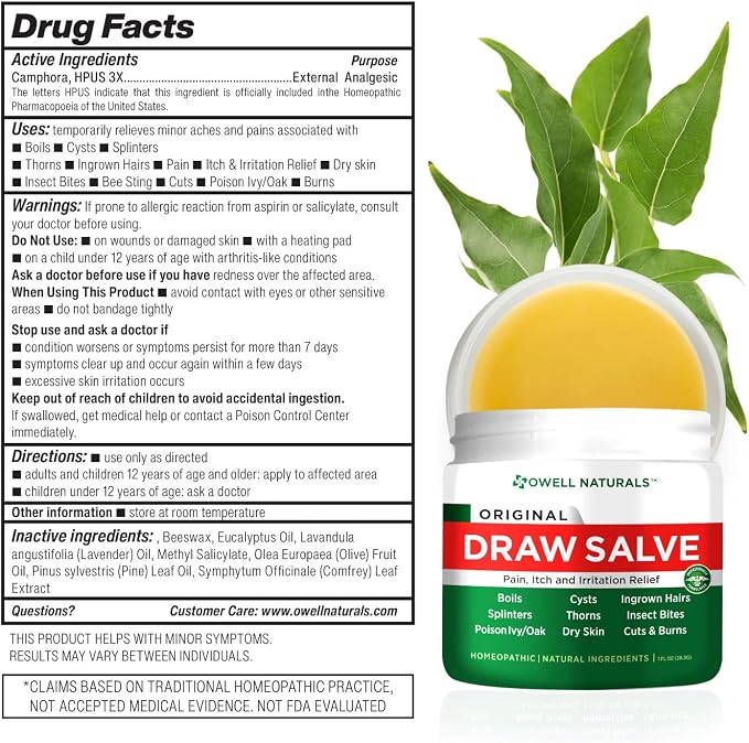OWELL NATURALS Drawing Salve Ointment for Boils & Cyst Removal, Deep Ingrown Hair, Splinter Out, Bumps, Bug Spider Bites, Bee Sting, Mosquito Itching, Poison Ivy, 2 oz (3 Pack)
