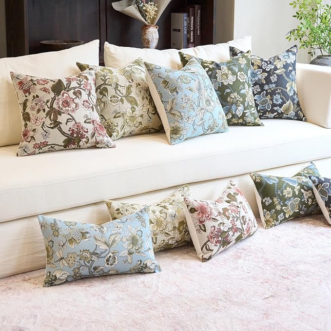 Neutral Floral Pillow Cover 12x20, Vintage Linen Lumbar Pillow Cover Soft Decorative Farmhouse Accent Pillow Case for Couch Bedroom Living Room Home Decor, Red