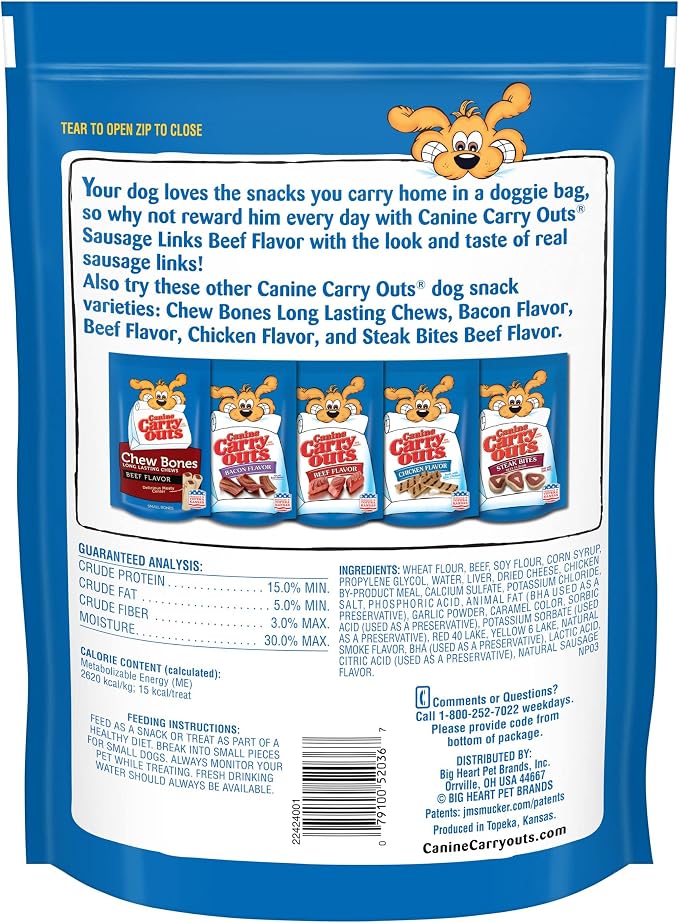 Canine Carry Outs Dog Treats, Sausage Links, 22.5 Ounce (Pack of 6), Made with Real Beef | 22.5 oz. per bag. Soft & chewy dog snacks. Made with real beef. The look & taste of real sausage. Produced in Topeka, Kansas.