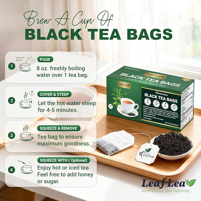 LeafLea Premium Black Tea Bags, Rich Robust Loose-Leaf Style Brew, 80 Count | Smooth Naturally Caffeinated Cup, Bright Malty Body, Hot or Iced; Sugar-Free, Vegan; Foil-Sealed Freshness