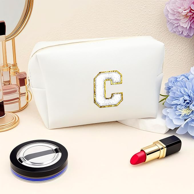 URSKYTOUS Gifts for Girls Initial Makeup Bag Personalized Cosmetic Bag with Zipper Cute Travel Toiletry Bags Waterproof PU Preppy Makeup Pouch Birthday Gift for Teen Girls Women(White C)