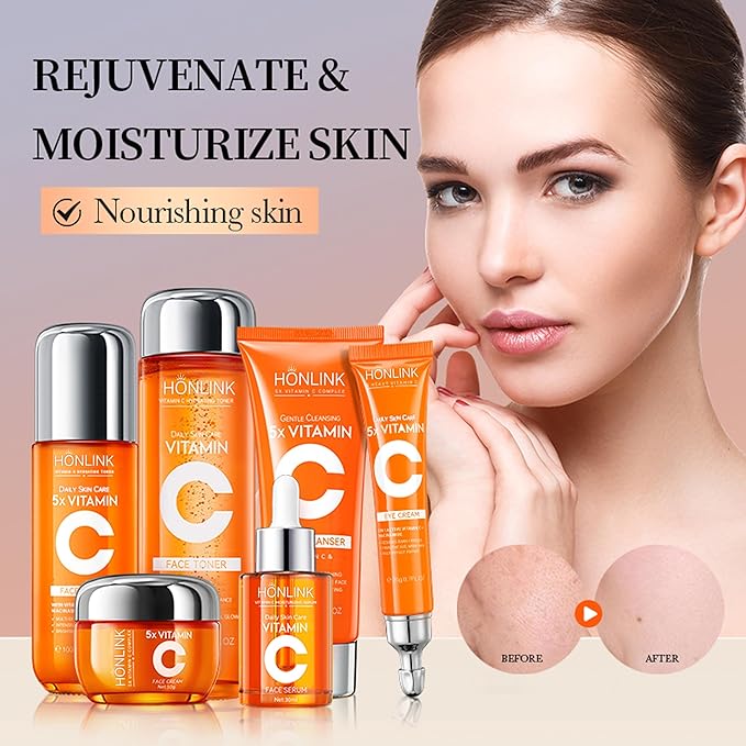 2 Box Glown 6-Piece Hydrating Skincare Set with Vitamin C & Niacinamide,HONLINK Face Care Kit Includes Toner, Faical Serum,Cleanser,Moisturizer, Eye Cream & Body Lotion (Face Set x 2)