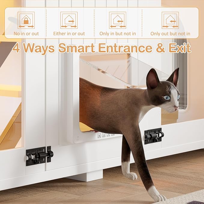 Large Cat Litter Box Enclosure with LED Light, 47.25 Inch Hidden Litter Box Furniture, Cat House with Stairs and Scratching Post, White Cabinet Side Table with Smart Doors