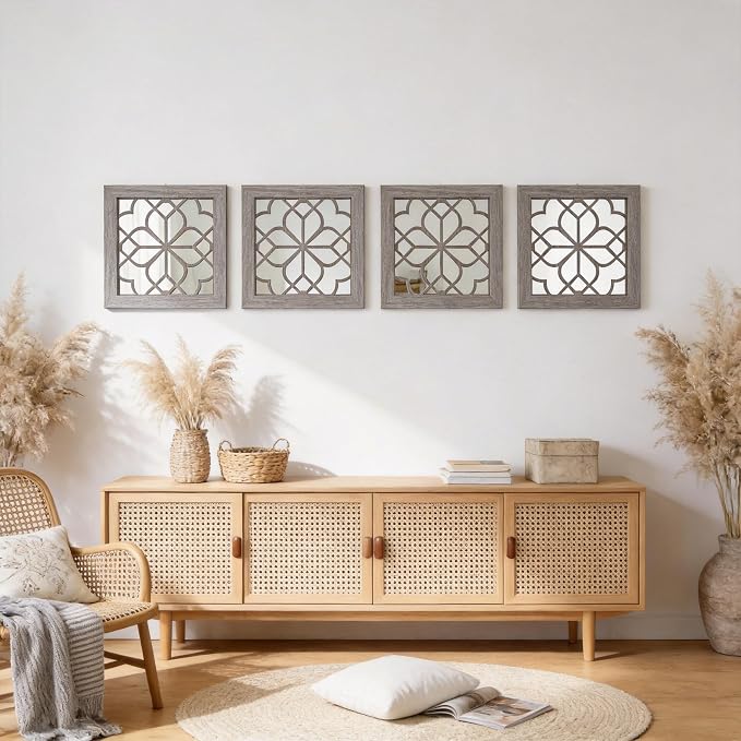 Set of 2 14 Inch Square Maroon Window Pane Wall Mirrors, Shatterproof Rustic Farmhouse Boho Vintage Accent Mirrors for Living Room Bedroom Bathroom Entryway
