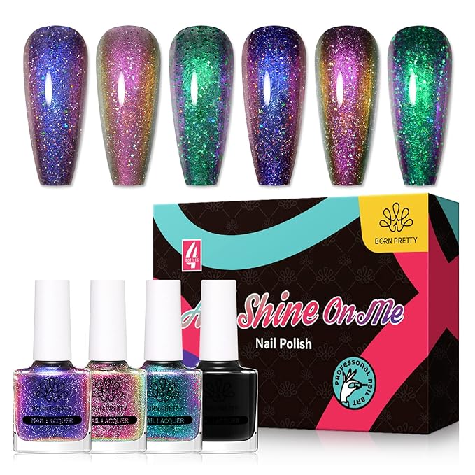 BORN PRETTY Chameleon Nail Polish Set Holographic Glitter Polish Shimmer Nail Art Polish with Black Nail Polish Multicolored Nail Art Varnish 4 Bottles