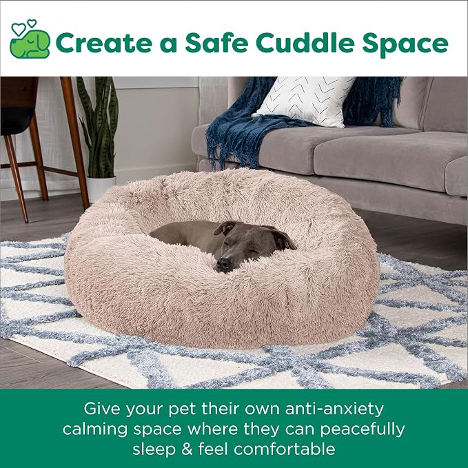 Furhaven 36" Round Calming Donut Dog Bed for Large/Medium Dogs, Refillable w/ Removable Washable Cover, For Dogs Up to 75 lbs - Shaggy Plush Long Faux Fur Donut Bed - Taupe, Large