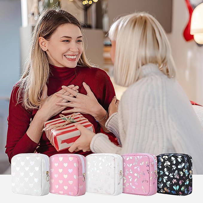 Likesing Period Bag Pouch, Leather Sanitary Napkin Storage Bag for Girls Womens, Portable Sanitary Napkin Period Pad Pouch Bag for Purse, Small Make Up Bags(White Butterflies)