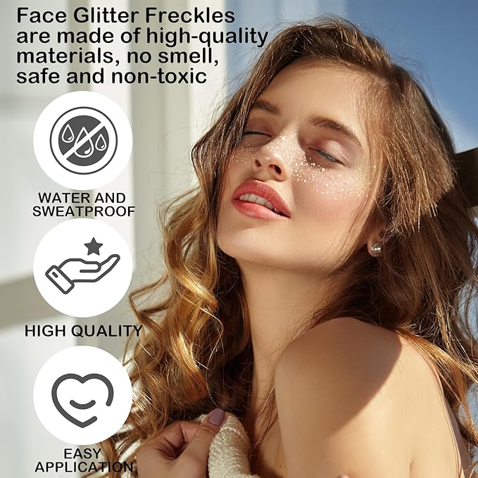 6Pcs Makeup Patches - Gold - Glitter Face Paint Speckles,Sweatproof Waterproof Gold Glitter Face Freckles,Singer Concerts Festival Rave Accessories, Fake Freckles for Women.