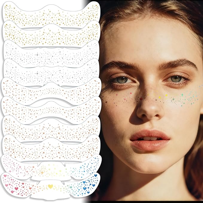 Face Glitter Freckles Tattoo - 10pcs, Sparkle Temporary Makeup Patches for Festivals & Halloween Party, Concert, Cosmetic Glitter, Rave Accessories