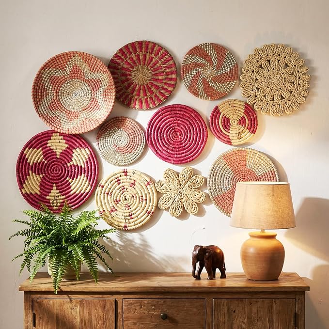 Tatuo 11 Pcs Boho Wall Basket Decor Bulrush Woven Wall Hanging Art Round Farmhouse Rustic Handmade Wicker for Summer Home, Bedroom, Living Room, Kitchen Decorations, Multi Sizes(Pink)
