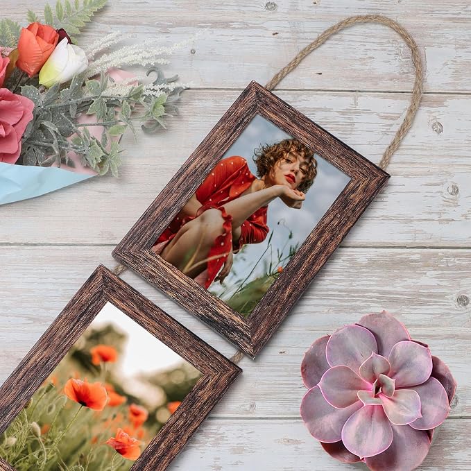 QUTREY 4x6 Collage Picture Frames, 6 Openings Vertical Hanging Photo Frame Set of 2, 4 by 6 inch Multi Picture Frames for Wall, Distressed Brown