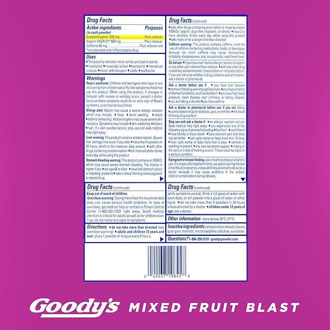 Goody's Pain Relief Powders, Extra Strength Headache Powder Mixed Fruit Blast, 24 ct (Pack of 1)