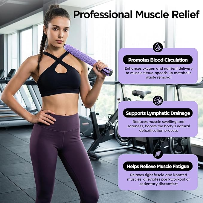 Muscle Roller & Massage Roller Stick for Athletes - Lymphatic Drainage Support, Relieves Muscle Soreness, Cramping & Tightness - Targets Legs, Arms, Back & Calves (Purple - 18inch)