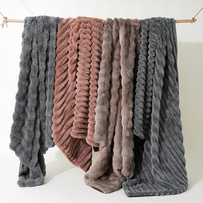 Faux Fur Throw Blanket for Couch, Ultra Cozy Fuzzy Fluffy Fur Luxurious Soft Striped Plush Gift Blankets for Family Sofa Chair Bedroom, 55"x70", Cationic Fox Pink Brown