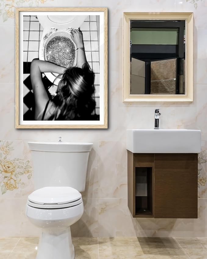 EcoHest 16x20 in After the Disco Party Framed Wall Art for Bathroom | Solid Oak Wood Frame, Canvas Wall Art, Black & White Funny Wall Decor for Bathroom, Bedroom, Dorm Room, College Room, 1Pack