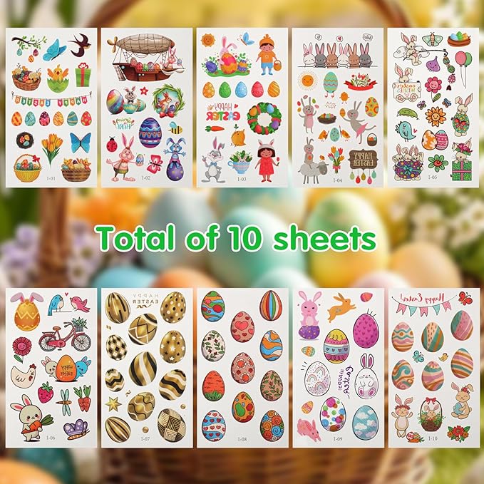 127Pcs Easter Temporary Tattoos for Kids - Non-Toxic Easter Bunny Tattoo Stickers for Face, Easter Basket Stuffers, Party Favors, Egg Hunt, Goodie Bag Fillers & Spring Festive Party Gift