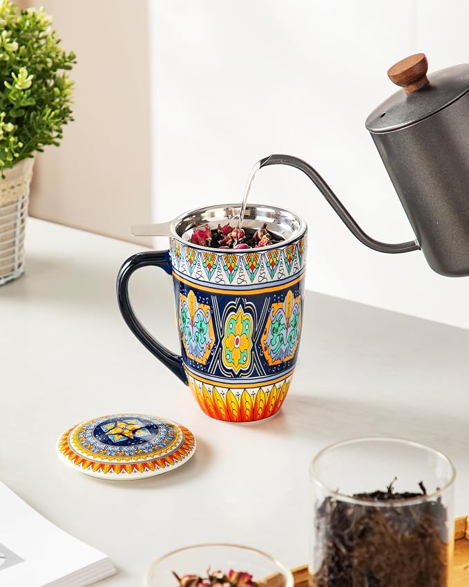 vancasso Ceramic Tea Cup with Infuser and Lid, 18 Ounce Tea Infuser Mug for Loose Leaf Tea, Microwave & Dishwasher Safe, Bohemian Mandala, Gift for Tea Lovers, Forest Daisy Drift