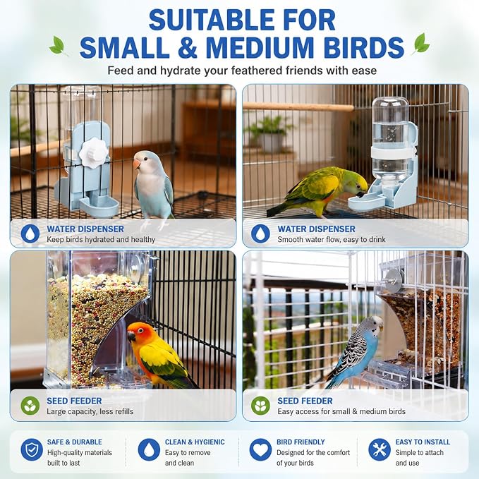 Rypet No-Mess Bird Feeder and Water Dispenser Set for Small Birds | Automatic Bird Feeder, Transparent Acrylic Food Container, Helps Reduce Seed Scatter, for Parakeet Cockatiel Parrot Canary