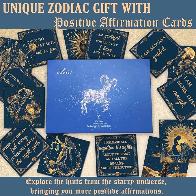 Faivykyd Aries Crystals Gifts for Women - 6 Aries Zodiac Healing Stones w/ 50 Miracle Mantras Affirmation Cards, Inspirational Astrology Gifts for Promoting Positive Energy, Self-Care & Love