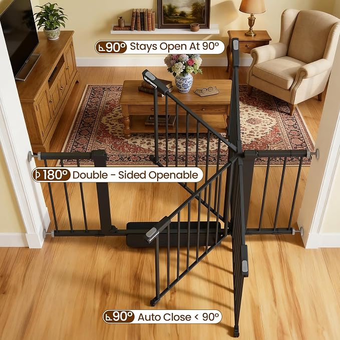 Mumeasy 29.7-48" Baby Gate for Stairs, Pressure Mounted Dog Gate for Doorways, Extra Wide Walk Thru Safety Pet Gate for Doors with Auto Close, Easy Install Child Gate for Hallway Indoor House, Black