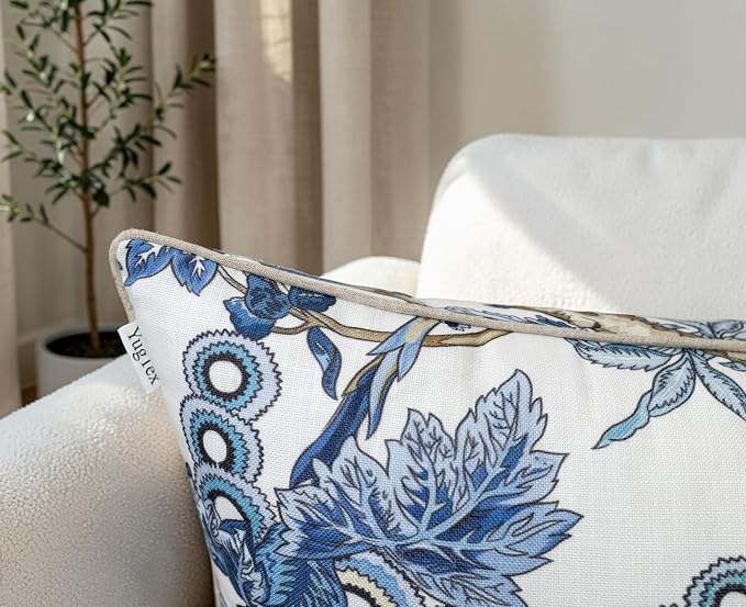 Blue Floral Branch Print 20x20 Throw Pillow Cover, Blue | Blue botanical branch branch on off-white slub, tan piping; both sides printed; hidden z; cover only