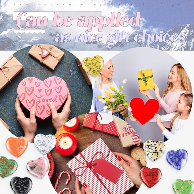 Nuenen 40 Pcs 1.4 Inch Heart Shaped Crystal Valentines Gift Worry Stone Bulk Heart Rock Tiny Trinkets Healing Crystal Gemstone Palm Pocket Love Carved Rock for Mom Women Meditation