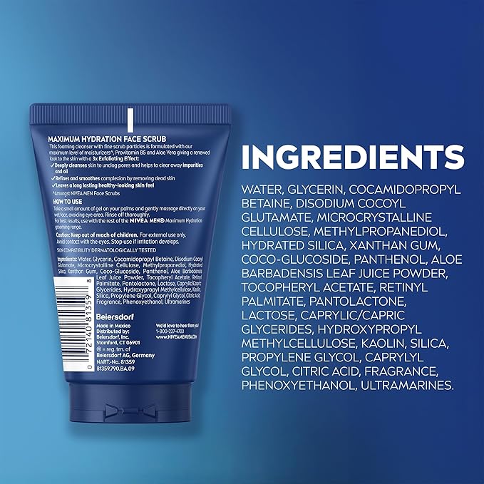 NIVEA MEN Maximum Hydration Face Scrub with Provitamin B5 and Aloe Vera, Exfoliating Face Wash Deeply Cleanses to Unclog Pores, 4.4 Oz Tube, Pack of 3