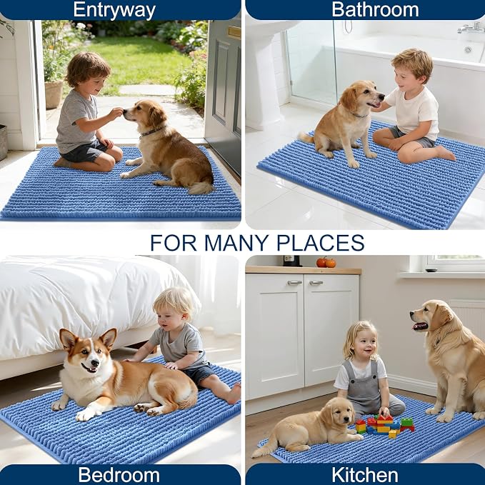 OLANLY Dog Door Mat for Muddy Paws 47x17, Extra Absorbent Chenille Mud Mat | Cornflower Blue, Absorbs Moisture and Dirt, Non-Slip Machine Washable Doormat, Quick-Dry Indoor Entryway Floor Mat for Dogs