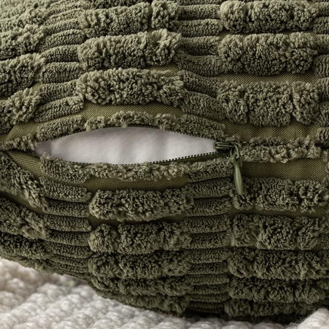 MIULEE Lumbar Corduroy Decorative Throw Pillow Covers 12x20 Olive Green | Pack of 2 Soft Boho Striped Pillow Covers Modern Farmhouse Home Decor For Sofa Living Room Couch Bed