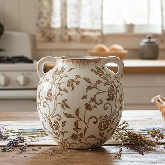 Brown Vintage Antique Vase, 5.6 Inch All Seasons Chinoiserie Floral Vase, Rustic Ceramic Vase for Home Decor, Living Room, Bookshelf, Office, Entryway, Garden, Chinoiserie Decor, Tuscan Decor