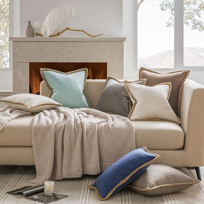 Phantoscope Pack of 2 Farmhouse Fall Decorative Solid Throw Decorative Pillow Cover Burlap Linen Trimmed Tailored Edges Beige 18 x 18 inches, 45 x 45 cm