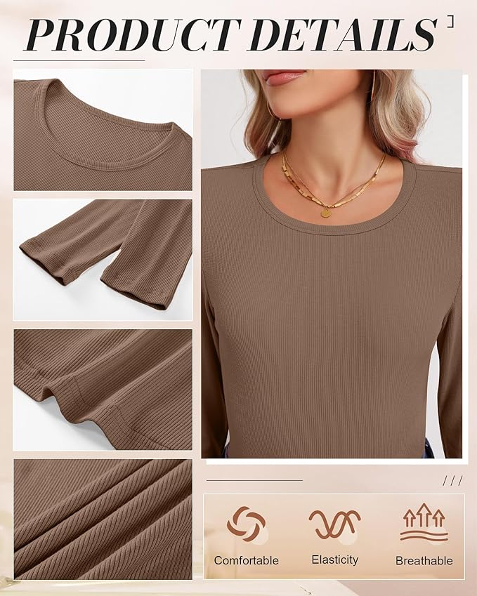 Ficerd 3 Pack Women's Ribbed Long Sleeve Tops, Crew Neck Slim Fit Undershirts Knit Basic Casual Stretch Layering Tee Shirts