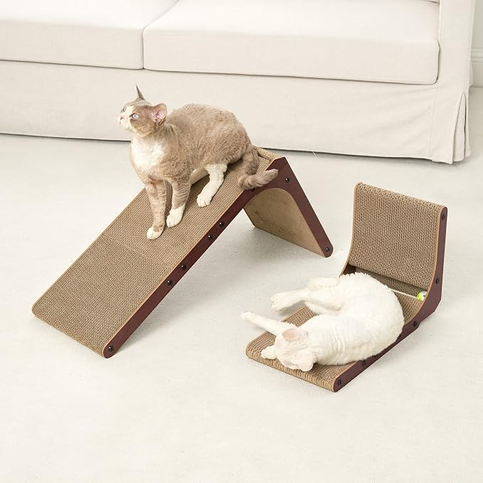 EHEYCIGA Cardboard Cat Scratcher for Indoor Cats, 26.8 Inch, Dark Brown | L Shaped Scratching Post, Vertical Cat Scratching Board with Ball Cat Toy, Furniture Protector, Large Cat Scratch Pad