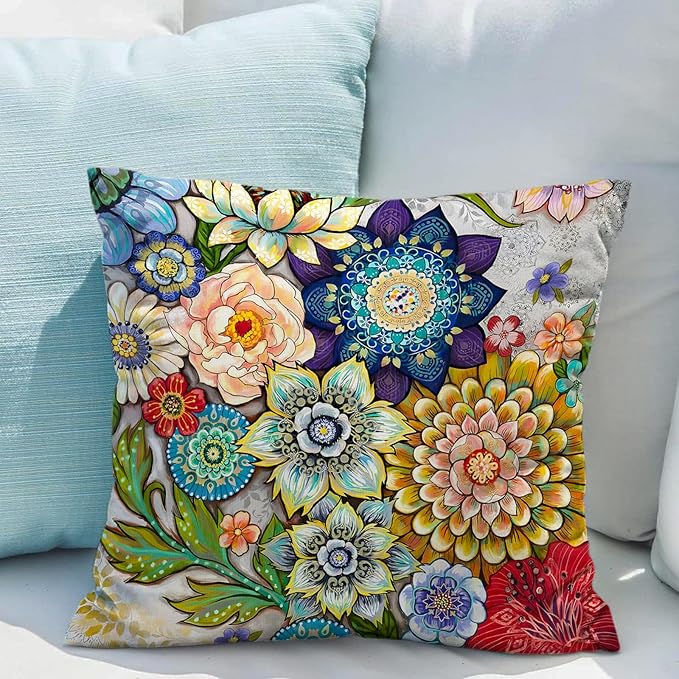 Snycler Boho Floral Throw Pillow Covers Set of 2 Colorful Boho Flower Decorative Cushions Pillowcase for Bedroom Sofa Home Decor, 18x18 Inch, Velvet, Short Plush