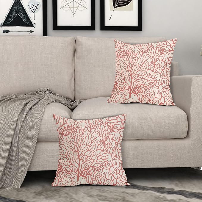 Nautical Coastal Pillow Covers 20x20 Inch Set of 2 Summer Ocean Beach Coral Orange Decorative Pillow Cases Outdoor Linen Cushion Cover Farmhouse Decor for Bedroom Home Sofa Couch Bed