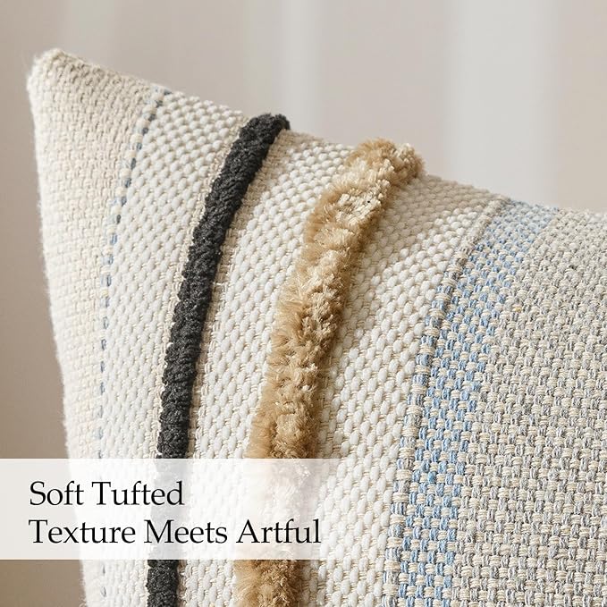 ANRODUO Boho Decorative Pillow Covers 24x24 Light Blue Stripe Pack of 2 | Euro Throw Pillow Covers, Farmhouse Cushion Case, Chenille Pillow Cases, Pillow Covers, Neutral Pillowcase for Sofa Couch Bed