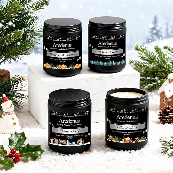Winter Candles Set – 4 Pack Holiday Scented Candles, 28oz Soy Candle for Home Scented, Cozy Scents of Winter Carol/Spice/Clementine/Forest - Holiday Candle Gifts for Women Men