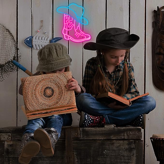 Cowboy Boot and Hat LED Neon Sign,Western Country Wall Decor for Bar, Man Cave, Garage,Pink White Aesthetic Rodeo Neon Light, Unique Christmas Birthday Gifts(13x15 in)